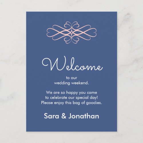 Welcome to Our Wedding Pink and Dark Blue Postcard