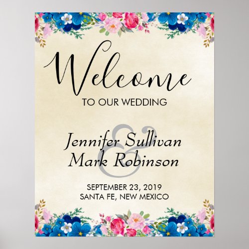 Welcome to our Wedding Pink  Blue Flowers Poster