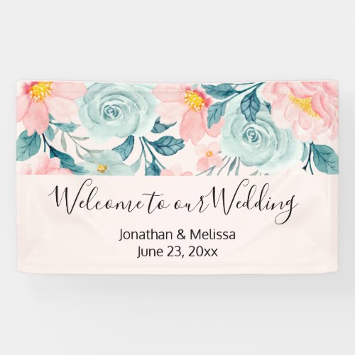 Welcome to our Wedding Pink  Green Floral Border Banner