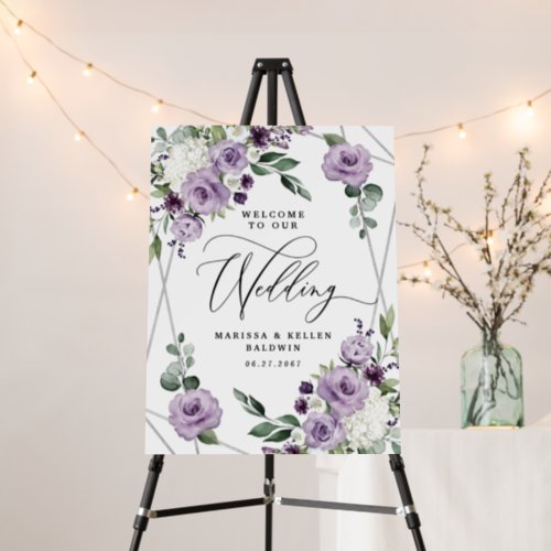 Welcome to Our Wedding Purple Floral Silver Sign 