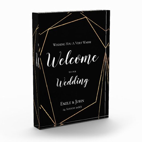 Welcome to our Wedding TextGold Geometric Black Photo Block