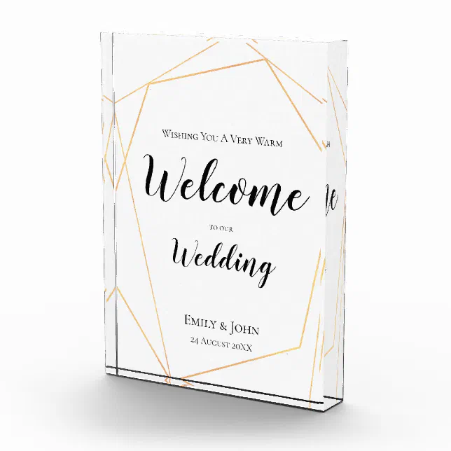 Welcome to our Wedding Text/Gold Geometric Sign Photo Block | Zazzle