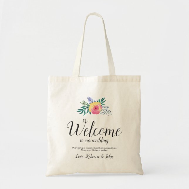 Welcome to Our Wedding Watercolor Flowers Tote Bag (Front)