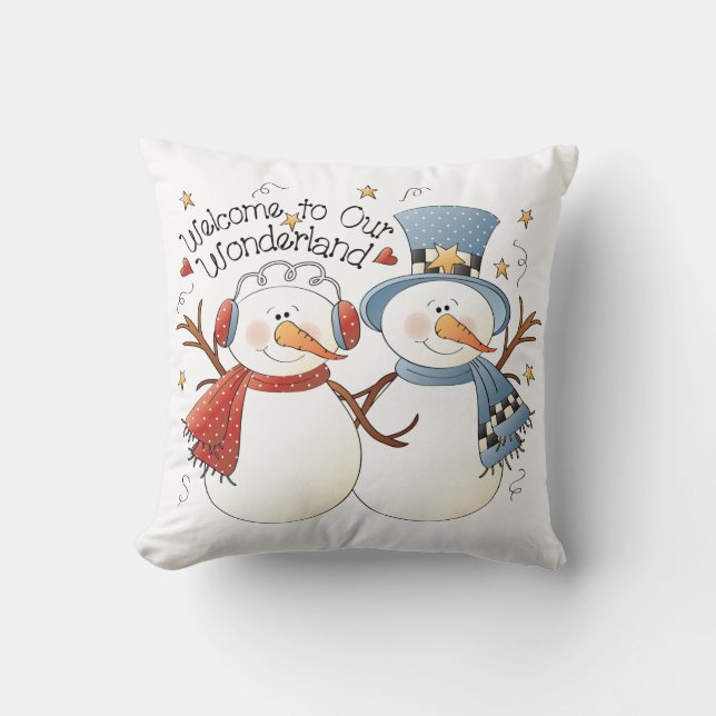 Welcome to Our Wonderland Winter Snowmen  Throw Pillow (Front)