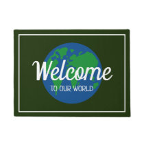 Welcome to our world globe map custom welcome doormat