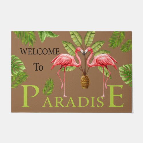 Welcome To Paradise Doormat Pink Flamingo Couple Doormat