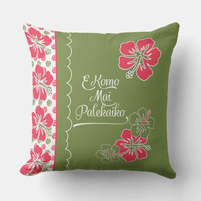 Welcome to Paradise Hot Pink Hibiscus Hawaiian Outdoor Pillow (Front)