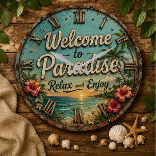 Welcome to Paradise Tropical Beach Large Clock