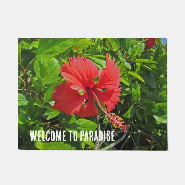 Welcome To Paradise Tropical Flower Beach House Doormat (Front)