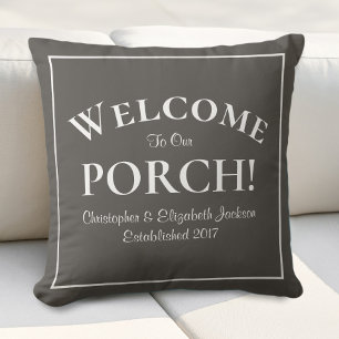 Welcome to Porch Custom Family Names Modern Brown Outdoor Pillow