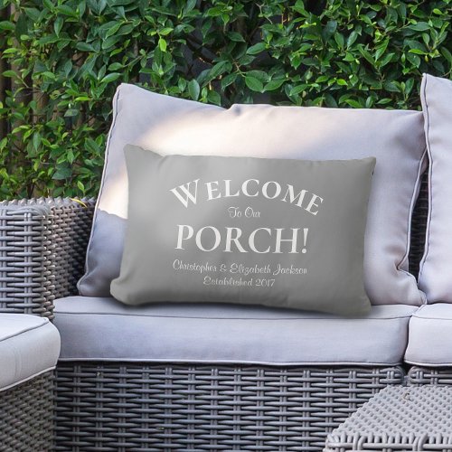 Welcome to Porch Custom Family Names Trendy Gray Lumbar Pillow
