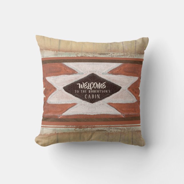 Welcome to Rustic Cabin Tribal Family Name Throw Pillow (Front)