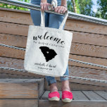 Welcome to South Carolina State Silhouette Wedding Tote Bag<br><div class="desc">Give your guests a warm welcome to your wedding in South Carolina with a bag full of snacks and treats personalized with the state where you're getting married and the bride and groom's names and wedding date. Design features "welcome" in modern handwritten calligraphy script along with bride and groom's names...</div>