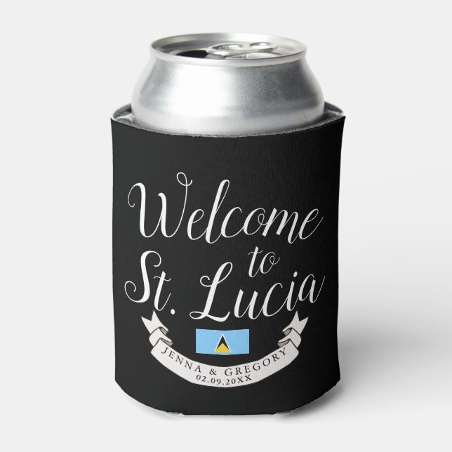 Welcome to St. Lucia | Destination Wedding Favor Can Cooler (Can Front)