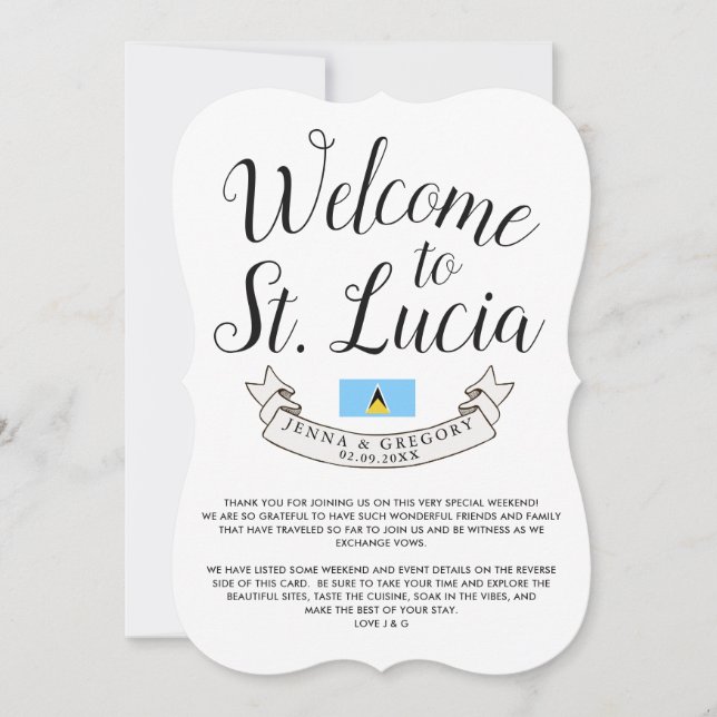 Welcome to St. Lucia | Destination Wedding Favor Invitation (Front)
