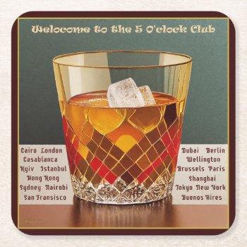 Welcome To The 5 O'clock Club Mid Century Design Square Paper Coaster by leehillerloveadvice at Zazzle
