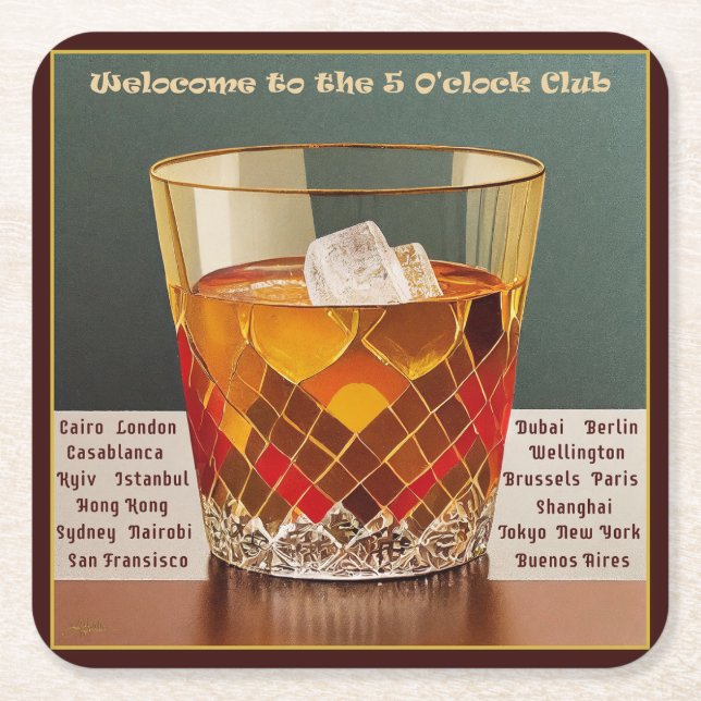 Welcome to the 5 O'clock Club Mid Century Design Square Paper Coaster (Front)