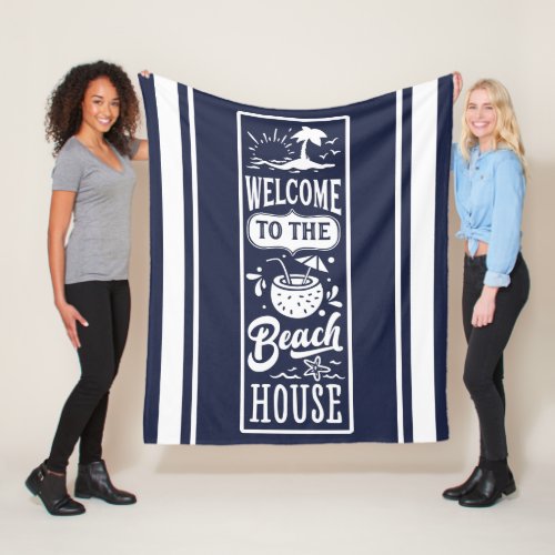 Welcome to the Beach House coastal navy white Fleece Blanket