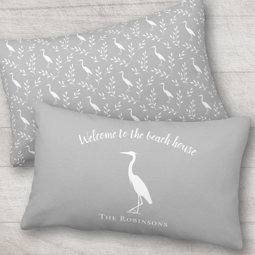Welcome to the beach house heron decor family name lumbar pillow