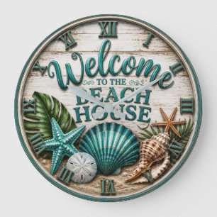 Welcome to the Beach House Rustic Sea shell Beach  Large Clock