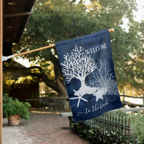 Welcome to the Beach Navy Blue Coral Starfish Wood House Flag