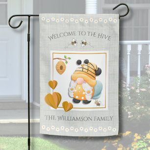 Welcome to the Bee Hive Family Gnome Garden Flag