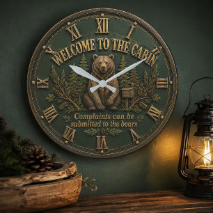 Welcome to the Cabin Bear Cabin Woodland Lodge Large Clock