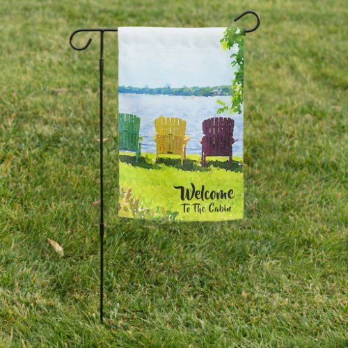 Welcome to the Cabin_Colored Adirondack Chairs  Garden Flag