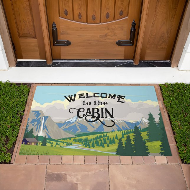 Welcome to the Cabin Mountain Scene Country Doormat (Outdoor)