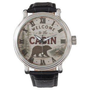 Welcome to the Cabin Rustic Bear Buffalo Plaid Watch