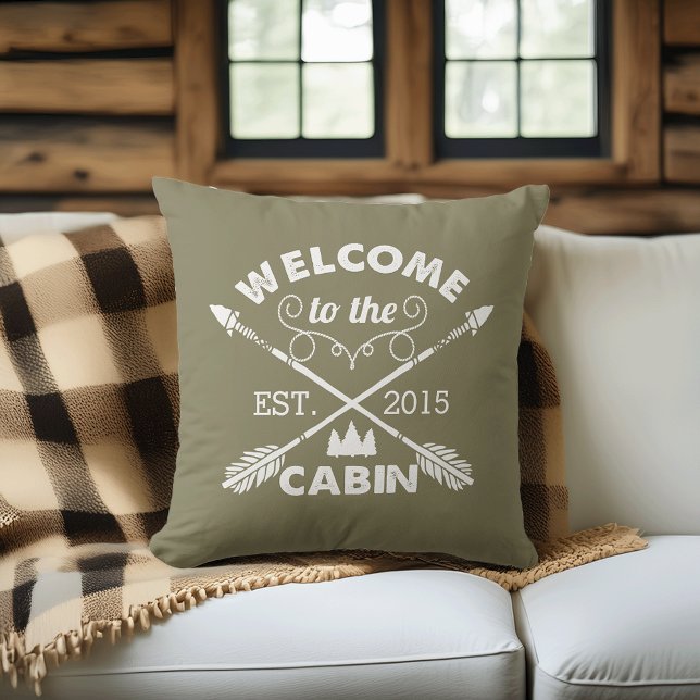 Welcome to the Cabin | Rustic Olive & White Throw Pillow (Creator Uploaded)