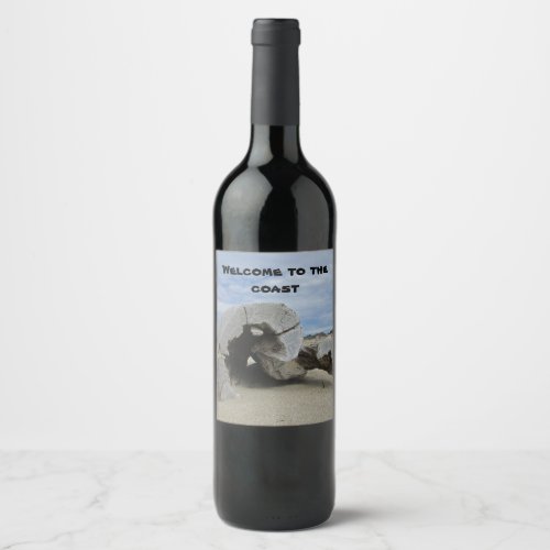 Welcome to the Coast Driftwood Pacific Ocean Photo Wine Label