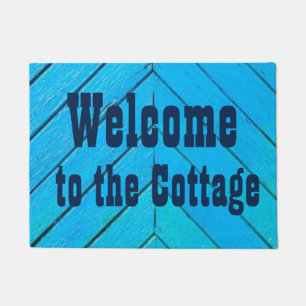 "Welcome to the Cottage" BLUE Rustic Wood Look Doormat
