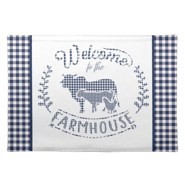 Welcome To The Farmhouse Blue Gingham Cloth Placemat (Front)