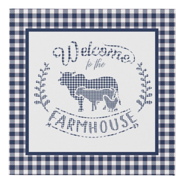 Welcome To The Farmhouse Blue Gingham Faux Canvas Print (Front)