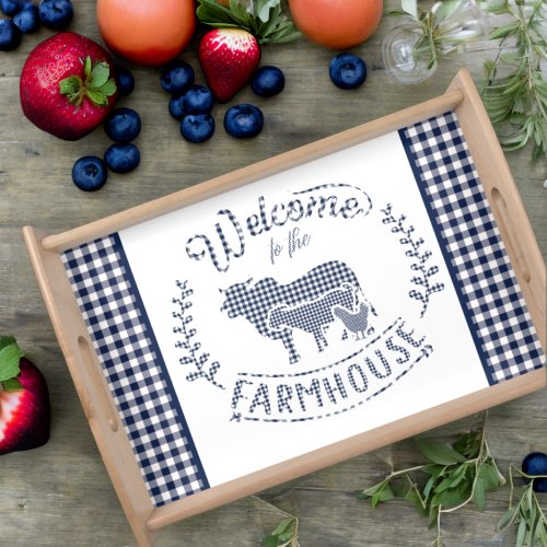 Welcome To The Farmhouse Blue Gingham Serving Tray