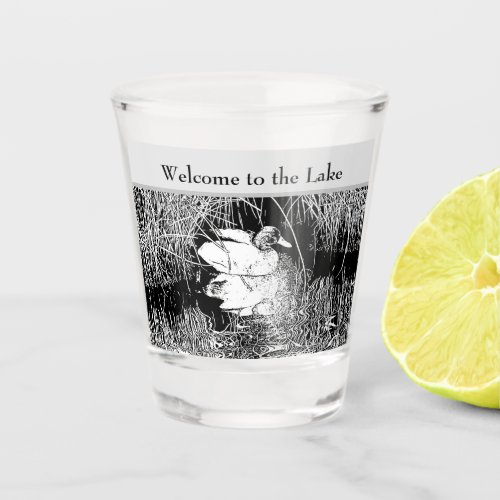 Welcome to the Lake Black White Duck in Water Shot Glass