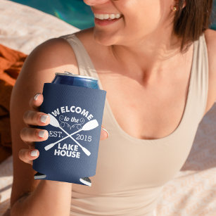 Welcome to the Lake House   Navy & White Can Cooler