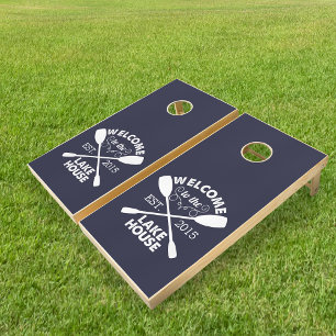 Welcome to the Lake House   Rustic Canoe Paddles Cornhole Set