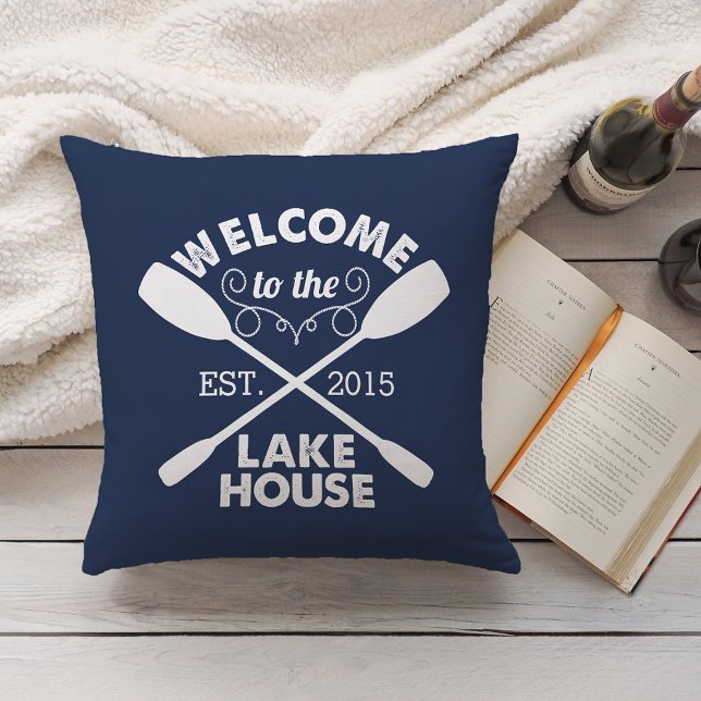 Welcome to the Lake House | Rustic Navy Throw Pillow (Creator Uploaded)