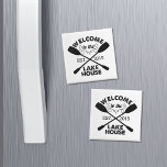 Welcome to the Lake House | Rustic Personalized Magnet<br><div class="desc">Remind your guests (and yourself) that it's time to kick back and relax with this cute rustic-style fridge magnet. Design features "Welcome to the Lake House" in black sandblasted typography with a rope illustration and crossed canoe paddles. Customize with your year established.</div>