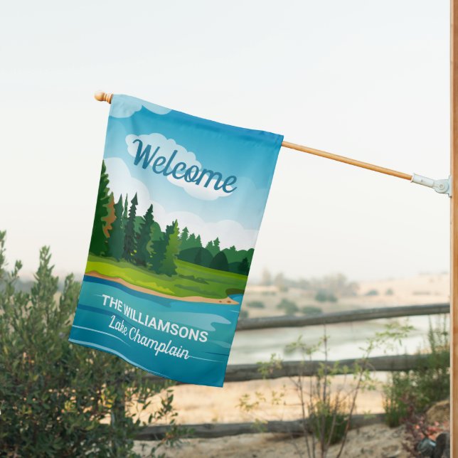 Welcome to the Lake Pond Cabin Family Name Custom House Flag (Insitu (Back))