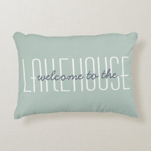 Welcome To The Lakehouse Quote Green Home Decor Accent Pillow