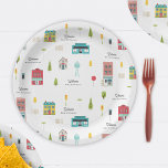 Welcome to the Neighborhood Pattern Baby Shower Paper Plates<br><div class="desc">Neighborhood new kid in town baby shower theme featuring a pattern with illustrations of buildings,  houses,  trees,  water tower,  fire hydrant,  stop signs,  pay phone,  fence,  and stop light.  Personalize the text.</div>
