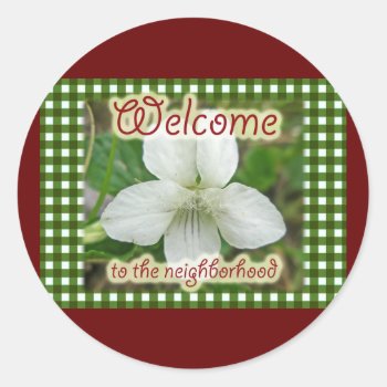 Welcome To The Neighborhood White Violet Classic Round Sticker by CarolsCamera at Zazzle