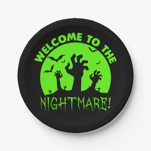 Welcome to the Nightmare Green Halloween 7" Paper Plates (Front)