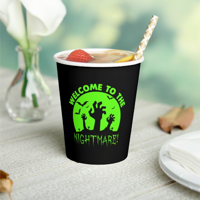 Welcome to the Nightmare Green Halloween Paper Cups (Insitu)