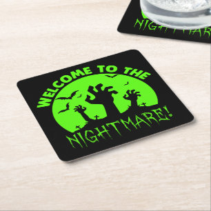 Welcome to the Nightmare Green Halloween Square Paper Coaster