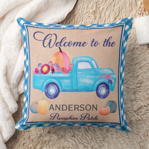Welcome to the Pumpkin Patch Blue Throw Pillow