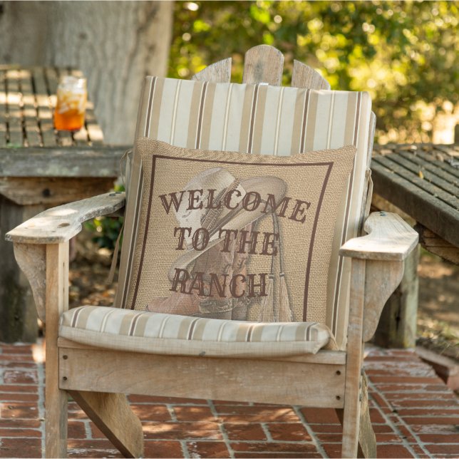 Welcome To The Ranch Cowboy Hat Boots On Faux Jute Outdoor Pillow (Chair)